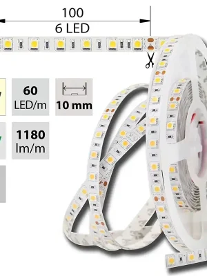 LED pásek SMD5050 teple bílá, DC24V, IP20, 10mm,bílý PCB pásek, 60 LED/m *ML-126.600.60.0 Levný