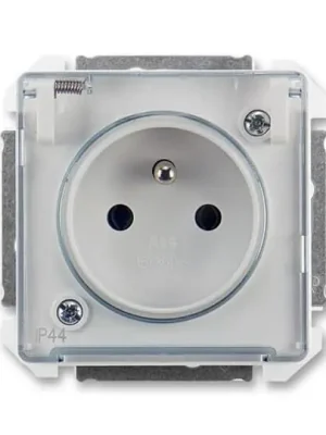Swing® 5518G-A02989 B1 zásuvka jednonásobná s clonkami a víčkem, s drápky, IP44 barva jasně bílá / průhledné víčko *ABB Dokud Zásoby Vydrží