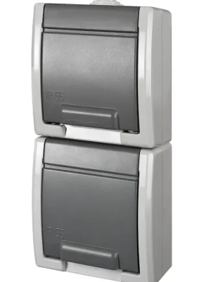 ATLAS *19088 IP55 Zásuvka 2P+PE SCHUKO, 2-nás. svislá, na povrch, šedá. Nízká Cena