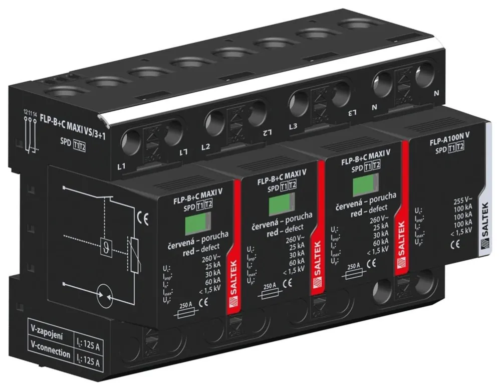 SALTEK SVODIČ FLP-B+C MAXI VS/3+1, TYP1+2, 3X25KA/30KA+100KA, 230V, 3PÓL, SÍTĚ TT, DÁLK.SIG. Výhodná Nabídka