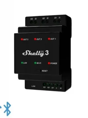 SHELLY PRO 3 Spínací modul na DIN lištu, 3 kanály, 3-fázové, 3x16A, max. zatížení 48A, WiFi, LAN, Bluetooth Zlevněný