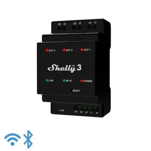 SHELLY PRO 3 Spínací modul na DIN lištu, 3 kanály, 3-fázové, 3x16A, max. zatížení 48A, WiFi, LAN, Bluetooth Zlevněný